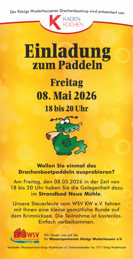 kostenloses Probepaddeln am Freitag (08.05) zwischen 18 bis 20 Uhr im Strandbad Neue M&uuml;hle - einfach vorbeikommen!